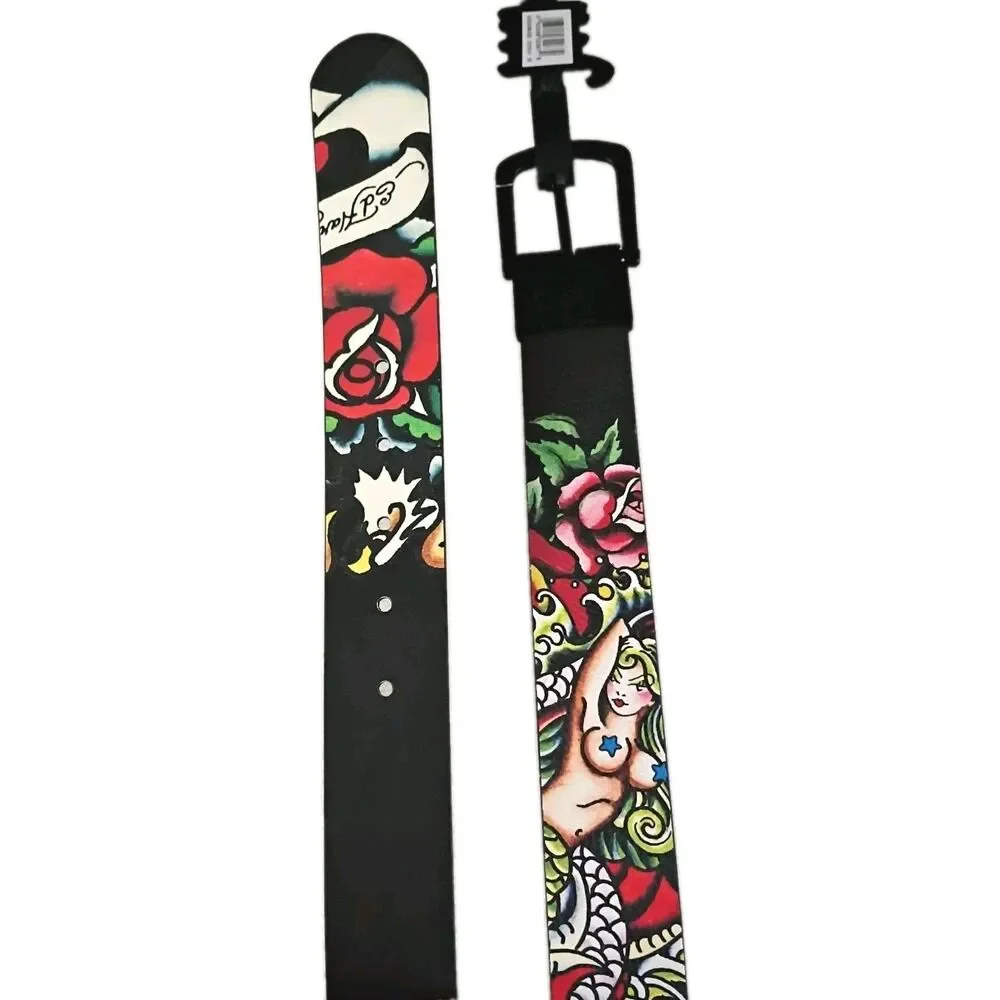 Ed Hardy Men's Size 38 Reversible Belt Grey Black Tattoo Graphics Mermaid NWT